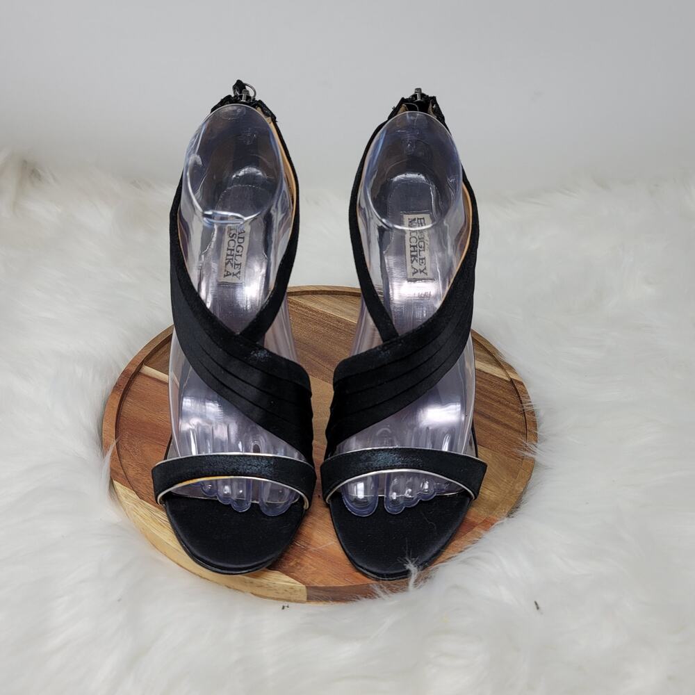 Badgley Mischka Women's Leather/Satin Black Strappy 5" Heels 9.5